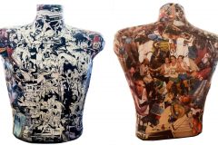 Judy Lewis, Two-sided Sports Torso, paper collage mounted on torso, 21”h x 16”w, $275